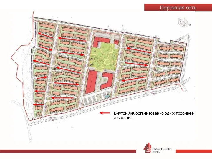 Дорожная сеть Внутри ЖК организованно одностороннее движение.