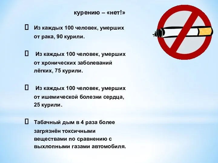 курению – «нет!» Из каждых 100 человек, умерших от рака,