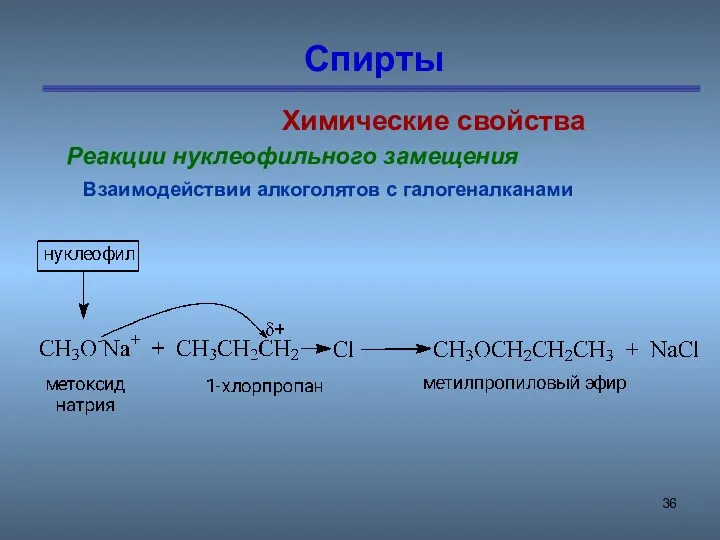 Спирты Химические свойства Реакции нуклеофильного замещения Взаимодействии алкоголятов с галогеналканами