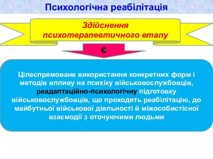 Психологічна реабілітація Здійснення психотерапевтичного етапу Цілеспрямоване використання конкретних форм і