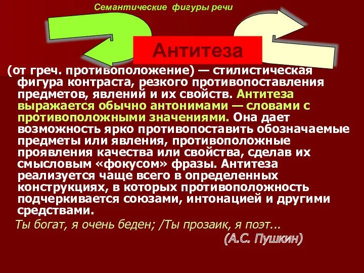 (от греч. противоположение) — стилистическая фигура контраста, резкого противопоставления предметов,