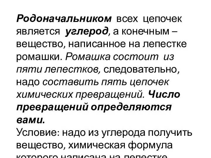 Родоначальником всех цепочек является углерод, а конечным – вещество, написанное