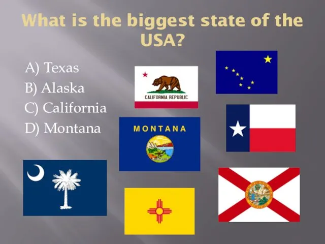 What is the biggest state of the USA? A) Texas B) Alaska C) California D) Montana