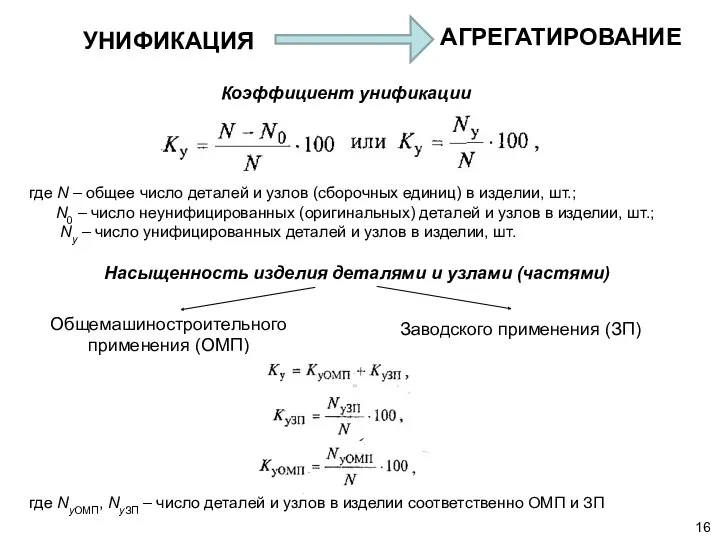 УНИФИКАЦИЯ АГРЕГАТИРОВАНИЕ Коэффициент унификации где N – общее число деталей