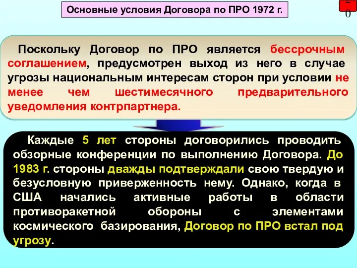 20 Основные условия Договора по ПРО 1972 г. Поскольку Договор по ПРО является
