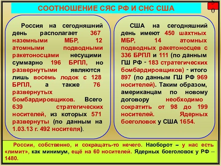 Россия на сегодняшний день располагает 367 наземными МБР, 12 атомными подводными ракетоносцами несущими