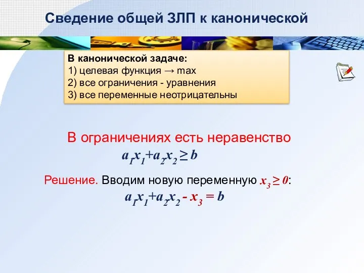 В канонической задаче: 1) целевая функция → max 2) все