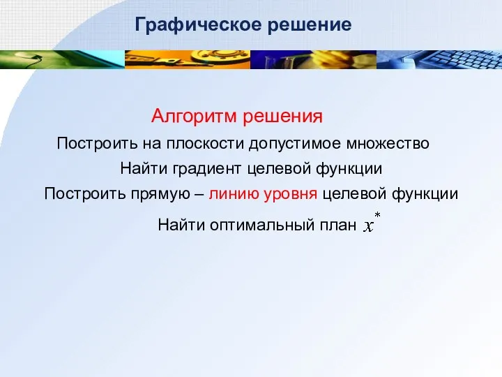 Графическое решение Алгоритм решения Построить на плоскости допустимое множество Найти