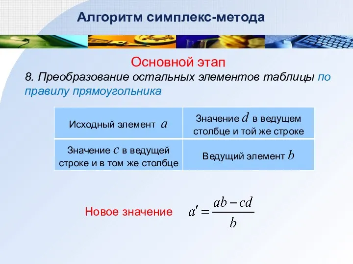 Алгоритм симплекс-метода Основной этап 8. Преобразование остальных элементов таблицы по правилу прямоугольника Новое значение