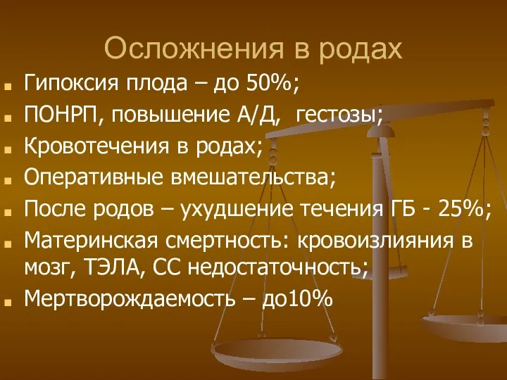 Осложнения в родах Гипоксия плода – до 50%; ПОНРП, повышение