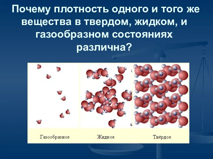 Почему плотность одного и того же вещества в твердом, жидком, и газообразном состояниях различна?