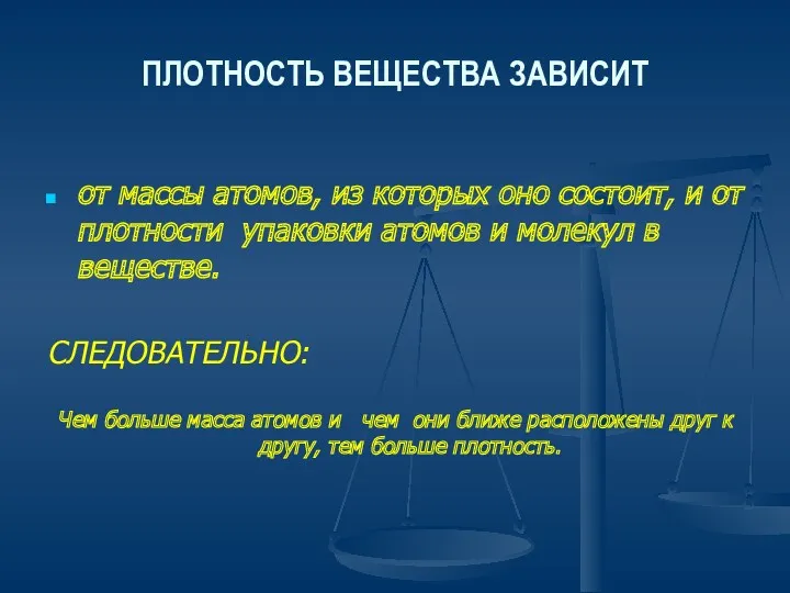 ПЛОТНОСТЬ ВЕЩЕСТВА ЗАВИСИТ от массы атомов, из которых оно состоит, и от плотности