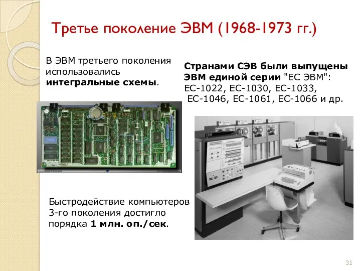 Третье поколение ЭВМ (1968-1973 гг.) В ЭВМ третьего поколения использовались