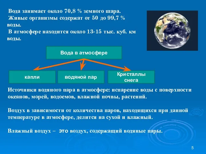 Вода занимает около 70,8 % земного шара. Живые организмы содержат