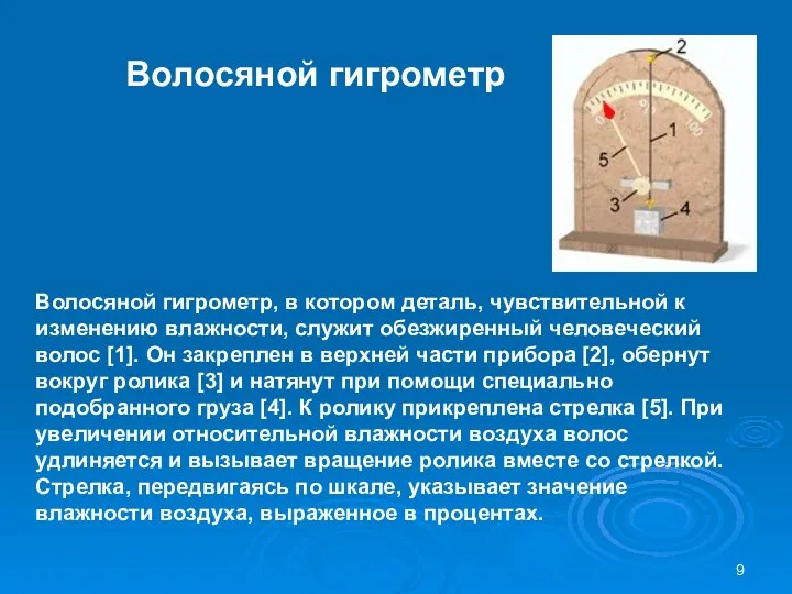 Волосяной гигрометр Волосяной гигрометр, в котором деталь, чувствительной к изменению