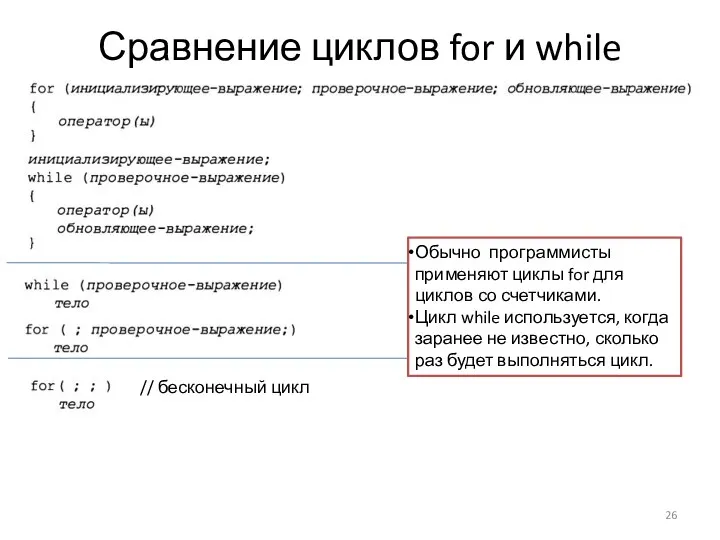 Сравнение циклов for и while // бесконечный цикл Обычно программисты