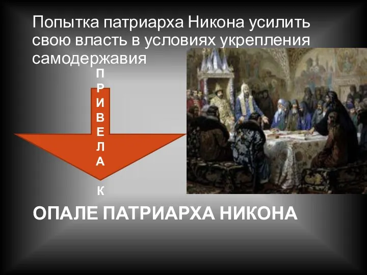 ОПАЛЕ ПАТРИАРХА НИКОНА Попытка патриарха Никона усилить свою власть в условиях укрепления самодержавия ПРИВЕЛА К