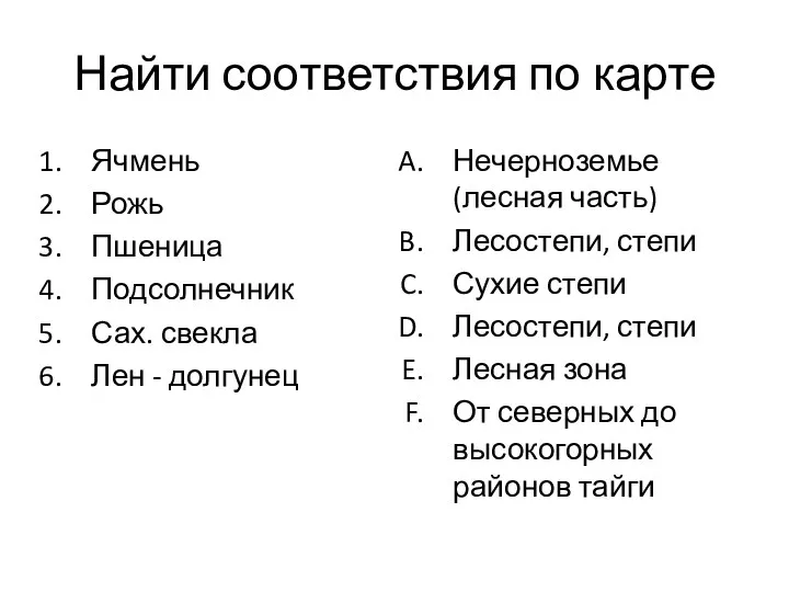 Найти соответствия по карте Ячмень Рожь Пшеница Подсолнечник Сах. свекла