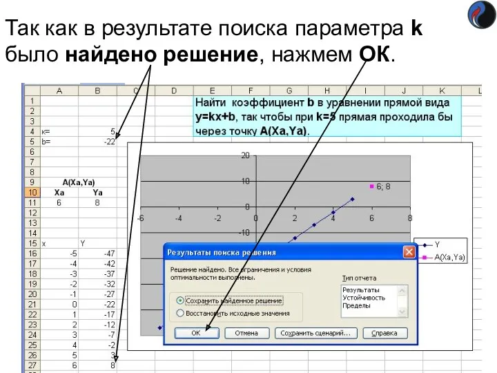 Так как в результате поиска параметра k было найдено решение, нажмем ОК.