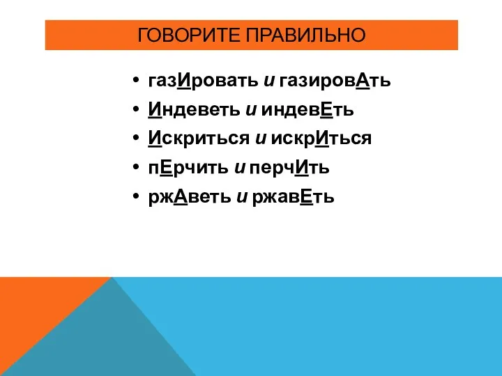 ГОВОРИТЕ ПРАВИЛЬНО газИровать и газировАть Индеветь и индевЕть Искриться и