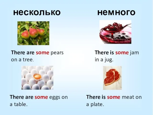 несколько немного There are some pears on a tree. There is some jam