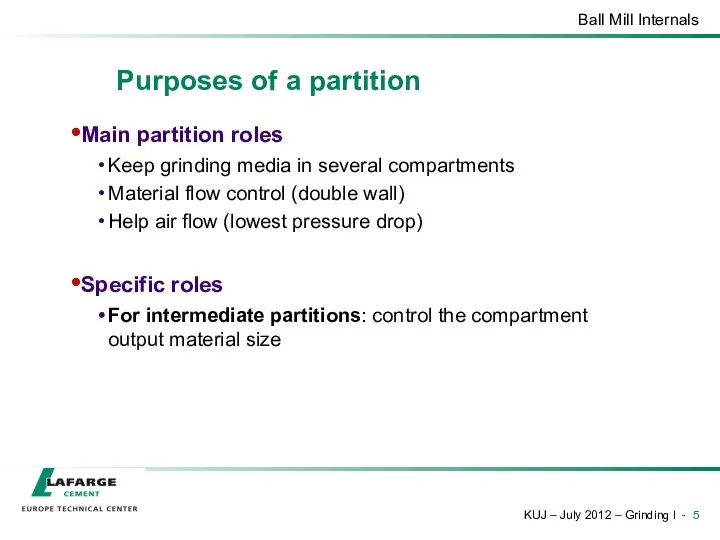 Purposes of a partition Main partition roles Keep grinding media