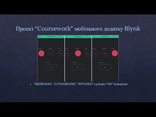 Проект “Coursework” мобільного додатку Blynk “BEDROOM”, “LIVINGROOM”, “KITCHEN” в режимі “ON” відповідно