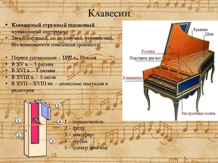 Клавесин Клавишный струнный щипковый музыкальный инструмент Звук блестящий, но не