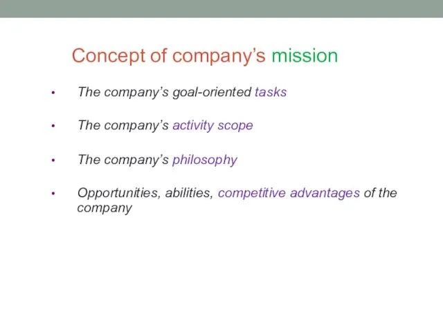 Concept of company’s mission The company’s goal-oriented tasks The company’s activity scope The