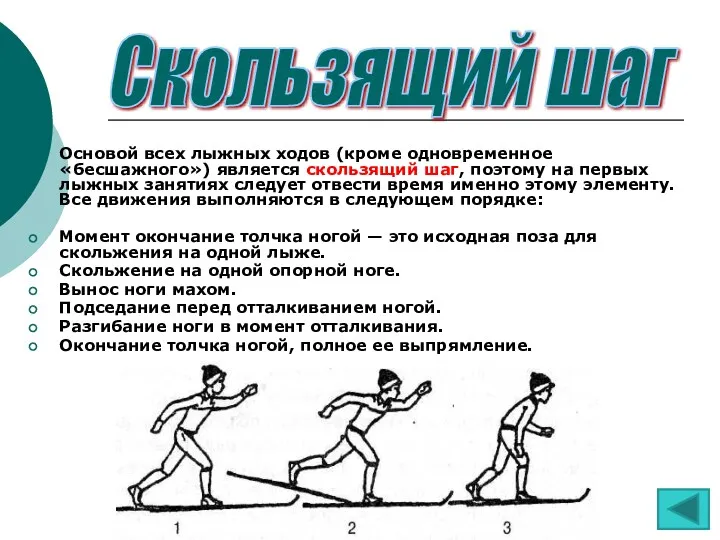 Основой всех лыжных ходов (кроме одновременное «бесшажного») является скользящий шаг,