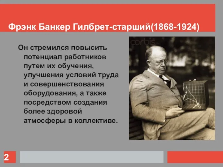 Фрэнк Банкер Гилбрет-старший(1868-1924) Он стремился повысить потенциал работников путем их