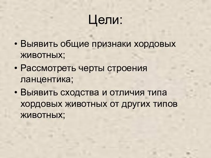 Цели: Выявить общие признаки хордовых животных; Рассмотреть черты строения ланцентика;