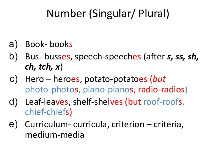 Number (Singular/ Plural) Book- books Bus- busses, speech-speeches (after s,