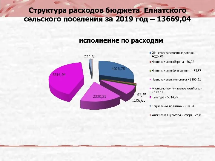 Структура расходов бюджета Елнатского сельского поселения за 2019 год – 13669,04