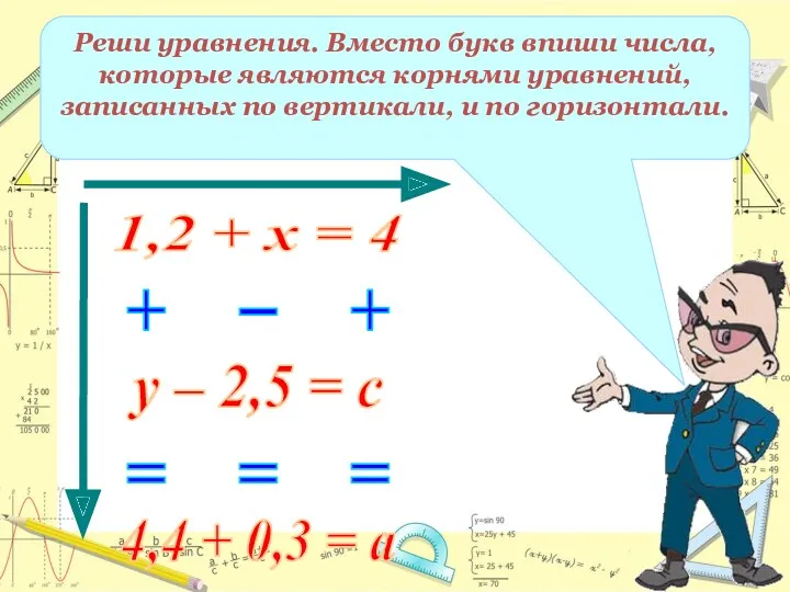 1,2 + х = 4 Реши уравнения. Вместо букв впиши