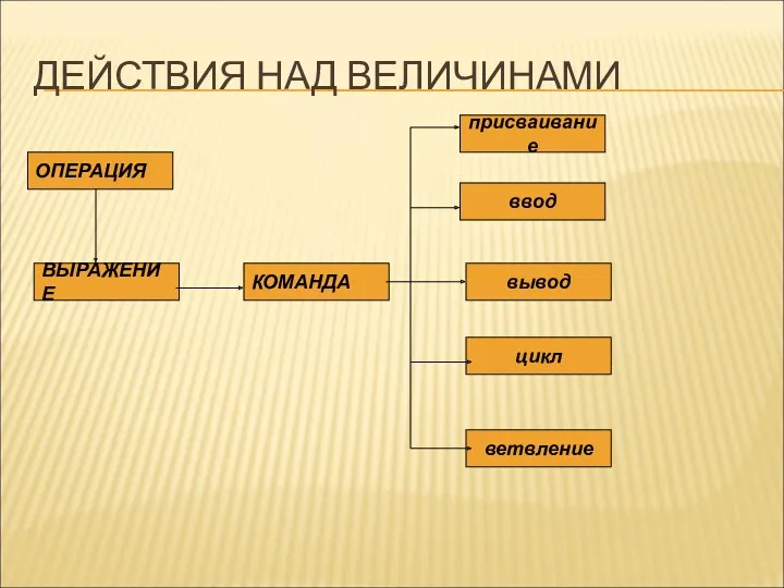 ДЕЙСТВИЯ НАД ВЕЛИЧИНАМИ ОПЕРАЦИЯ ВЫРАЖЕНИЕ КОМАНДА присваивание ввод вывод цикл ветвление