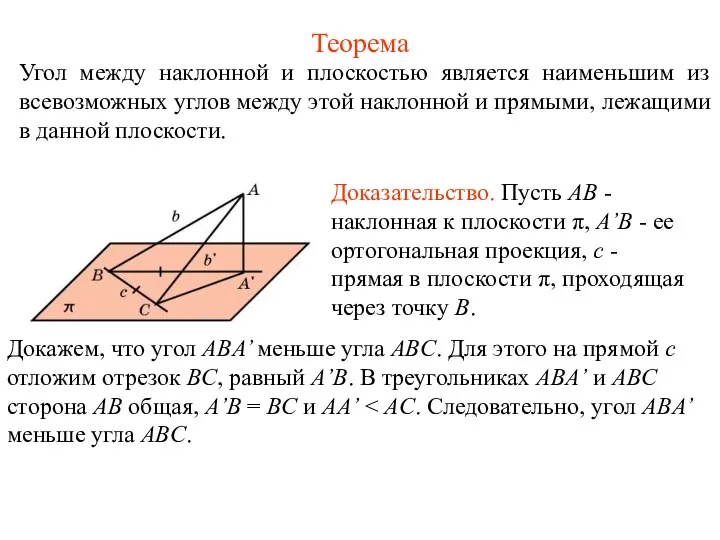 Теорема Угол между наклонной и плоскостью является наименьшим из всевозможных углов между этой