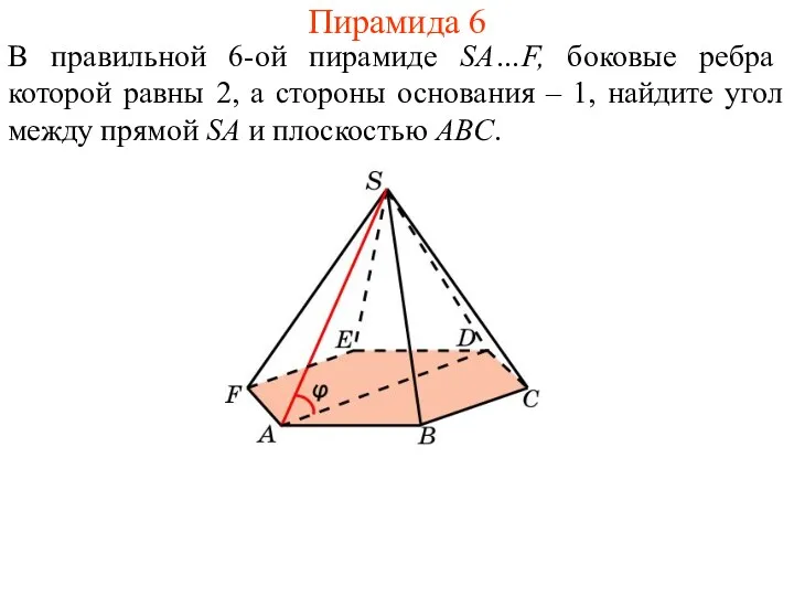 В правильной 6-ой пирамиде SA…F, боковые ребра которой равны 2, а стороны основания