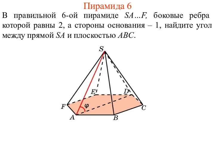 В правильной 6-ой пирамиде SA…F, боковые ребра которой равны 2,