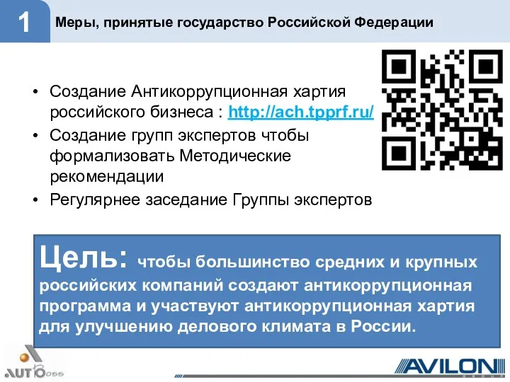 Меры, принятые государство Российской Федерации Создание Антикоррупционная хартия российского бизнеса