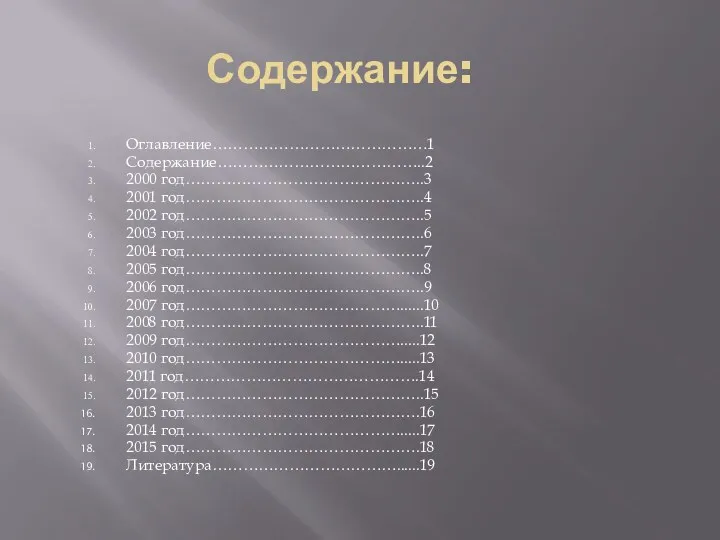 Содержание: Оглавление……………………………………1 Содержание…………………………………..2 2000 год………………………………………..3 2001 год………………………………………..4 2002 год………………………………………..5 2003