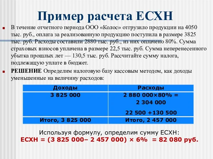 Пример расчета ЕСХН В течение отчетного периода ООО «Колос» отгрузило