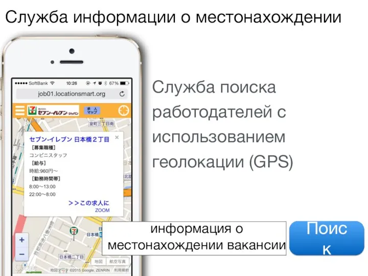 Служба поиска работодателей с использованием геолокации (GPS) Служба информации о местонахождении информация о местонахождении вакансии