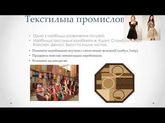 Текстильна промисловість Одна з найбільш розвинених галузей. Найбільші текстильні комбінати