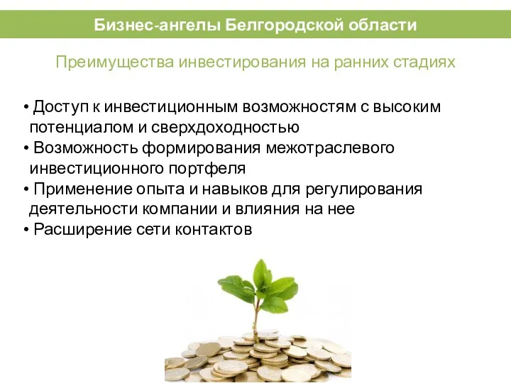 Бизнес-ангелы Белгородской области Преимущества инвестирования на ранних стадиях Доступ к