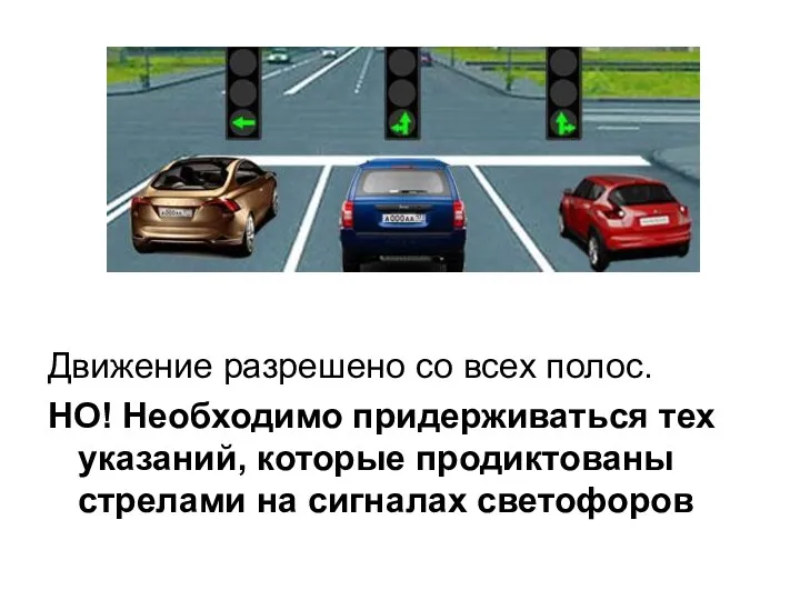 Движение разрешено со всех полос. НО! Необходимо придерживаться тех указаний, которые продиктованы стрелами на сигналах светофоров