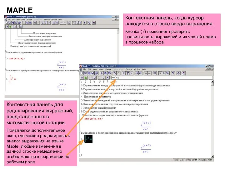 MAPLE Контекстная панель, когда курсор находится в строке ввода выражения.