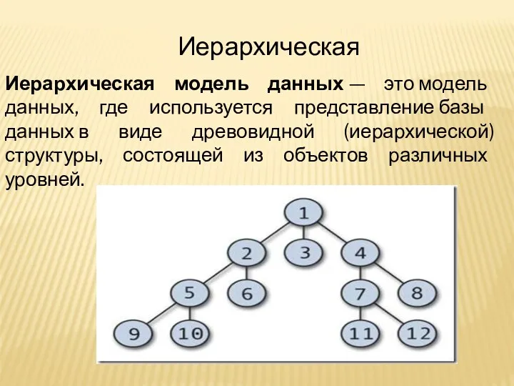 Иерархическая Иерархическая модель данных — это модель данных, где используется