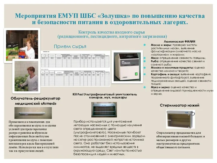 Контроль качества входного сырья (радиационного, пестицидного, нитратного загрязнения) Прием сырья