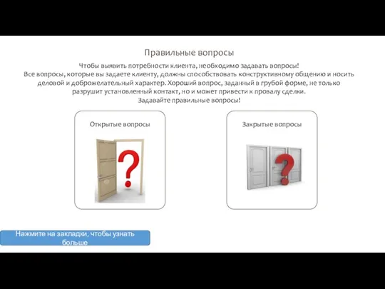 Правильные вопросы Чтобы выявить потребности клиента, необходимо задавать вопросы! Все